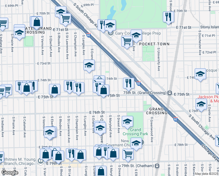 map of restaurants, bars, coffee shops, grocery stores, and more near 7414 South Maryland Avenue in Chicago