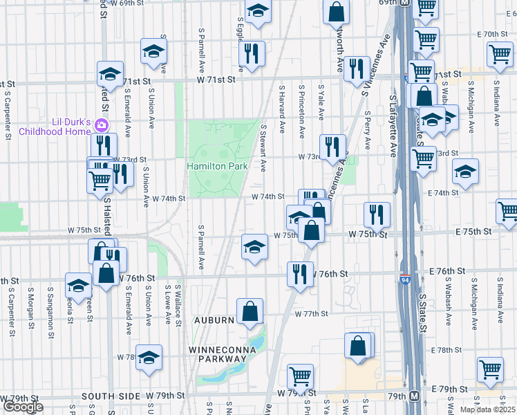 map of restaurants, bars, coffee shops, grocery stores, and more near 358 West 74th Street in Chicago