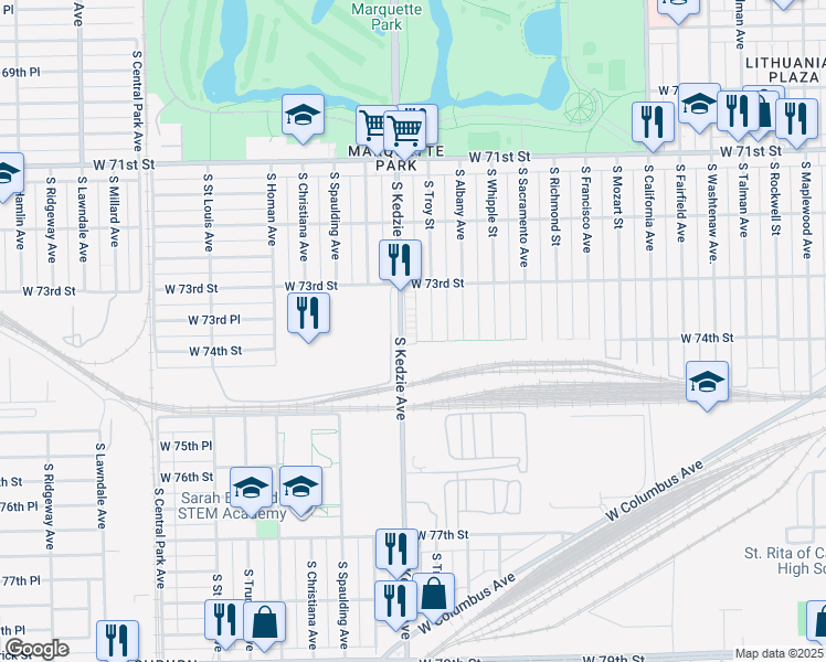 map of restaurants, bars, coffee shops, grocery stores, and more near 7326 South Troy Street in Chicago