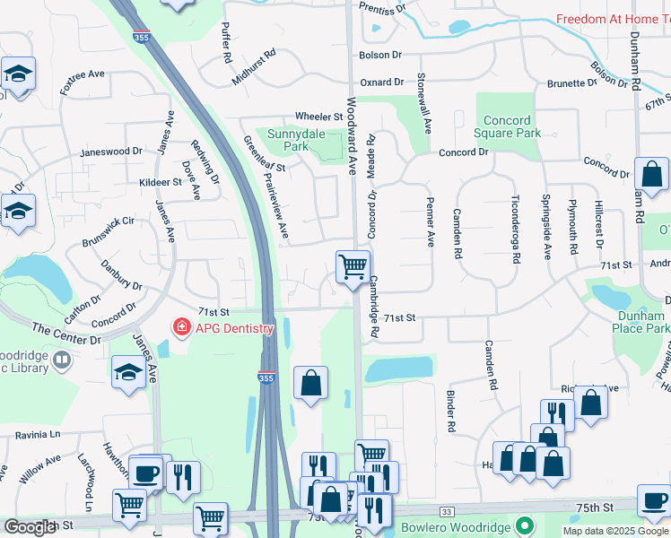 map of restaurants, bars, coffee shops, grocery stores, and more near 7010 Barrington Court in Woodridge