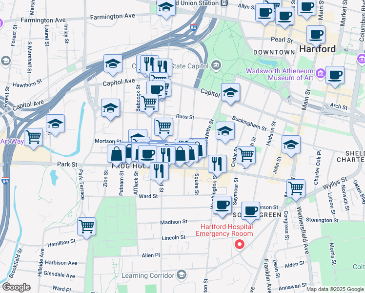map of restaurants, bars, coffee shops, grocery stores, and more near 21 Grand Street in Hartford