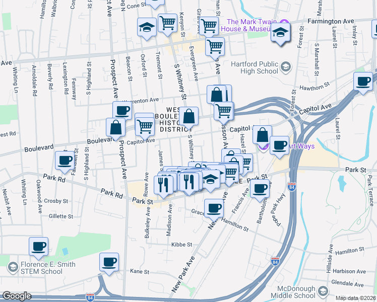 map of restaurants, bars, coffee shops, grocery stores, and more near 75 South Whitney Street in Hartford