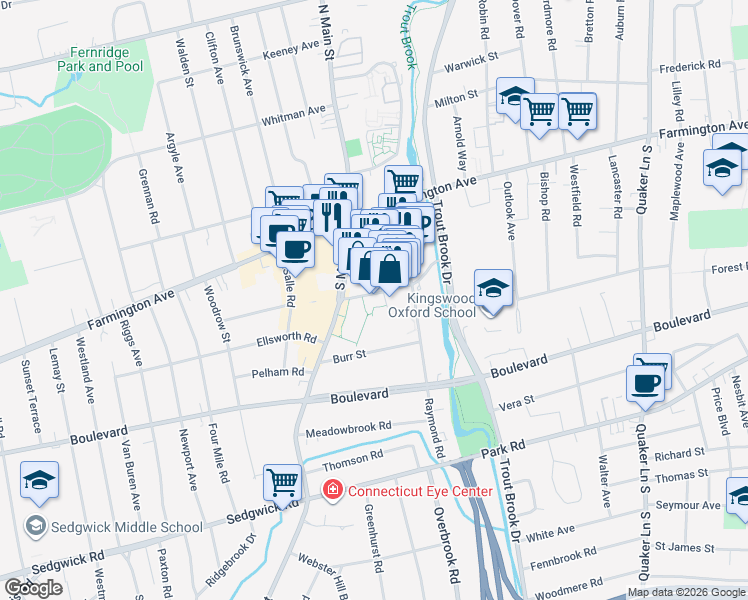 map of restaurants, bars, coffee shops, grocery stores, and more near 60 Isham Road in West Hartford