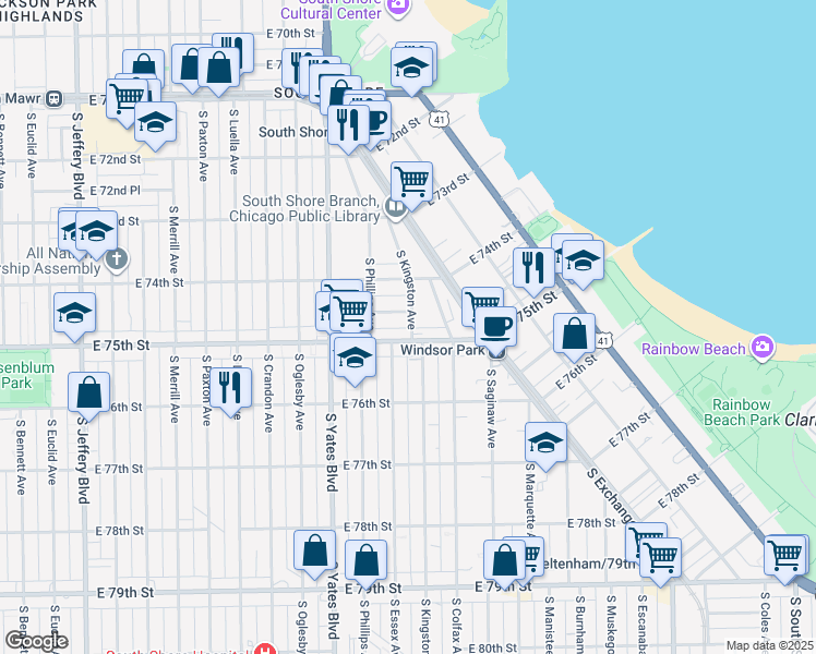 map of restaurants, bars, coffee shops, grocery stores, and more near 7446 South Kingston Avenue in Chicago