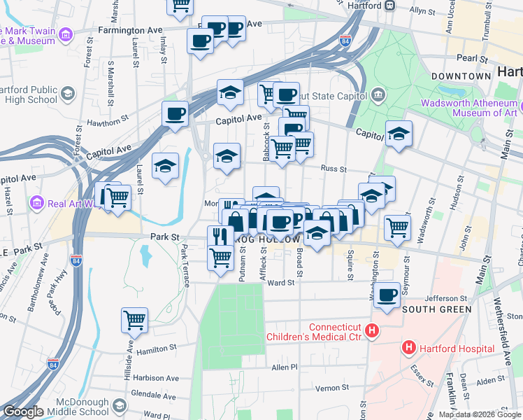 map of restaurants, bars, coffee shops, grocery stores, and more near 155 Babcock Street in Hartford