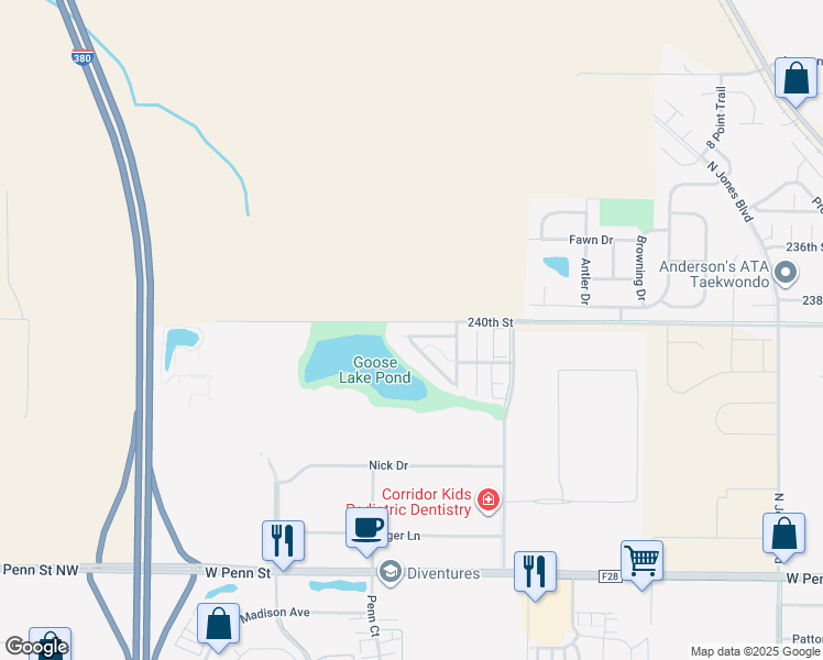 map of restaurants, bars, coffee shops, grocery stores, and more near 1844 Goose Lake Circle in North Liberty