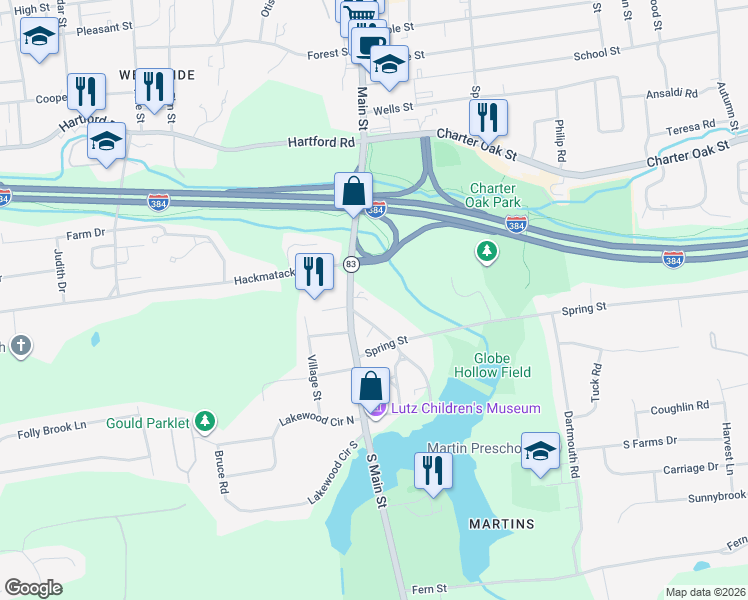 map of restaurants, bars, coffee shops, grocery stores, and more near 129 South Main Street in Manchester