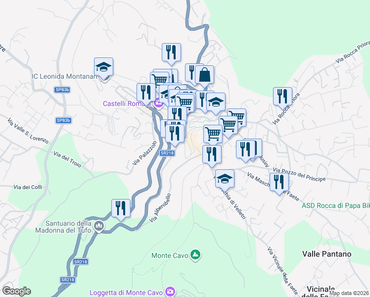 map of restaurants, bars, coffee shops, grocery stores, and more near 40 Via dell'Osservatorio in Rocca di Papa