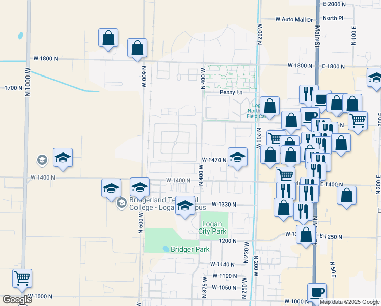 map of restaurants, bars, coffee shops, grocery stores, and more near 1520 North 450 West in Logan