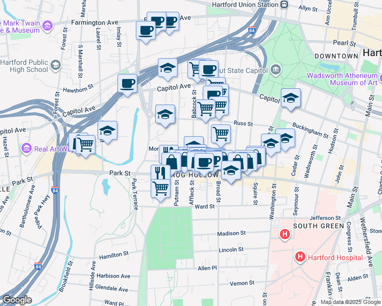 map of restaurants, bars, coffee shops, grocery stores, and more near in Hartford