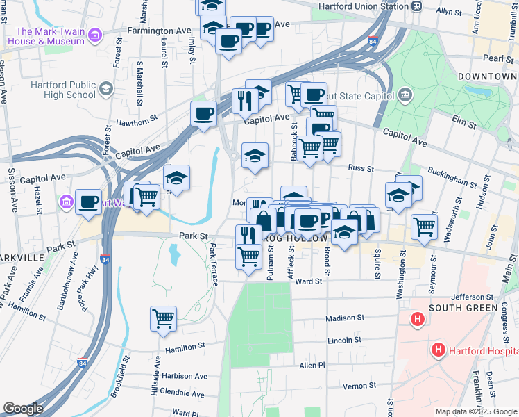 map of restaurants, bars, coffee shops, grocery stores, and more near 16 Mortson Street in Hartford