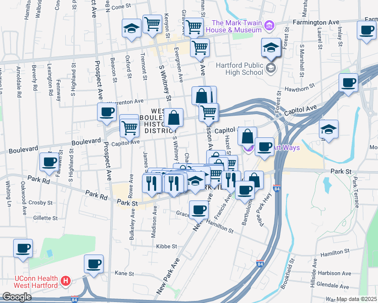 map of restaurants, bars, coffee shops, grocery stores, and more near 81 Newton Street in Hartford