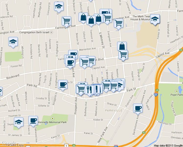 map of restaurants, bars, coffee shops, grocery stores, and more near 1065 Capitol Avenue in Hartford