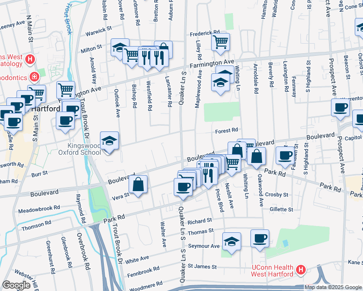 map of restaurants, bars, coffee shops, grocery stores, and more near 9 Kingswood Road in West Hartford