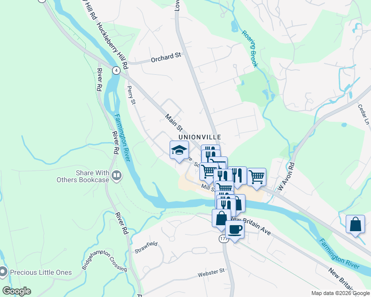 map of restaurants, bars, coffee shops, grocery stores, and more near 110 Main Street in Farmington