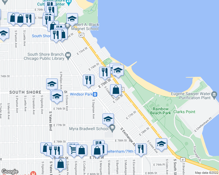 map of restaurants, bars, coffee shops, grocery stores, and more near 2713 East 75th Place in Chicago