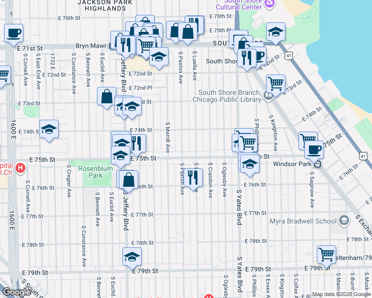 map of restaurants, bars, coffee shops, grocery stores, and more near 7420 South Paxton Avenue in Chicago