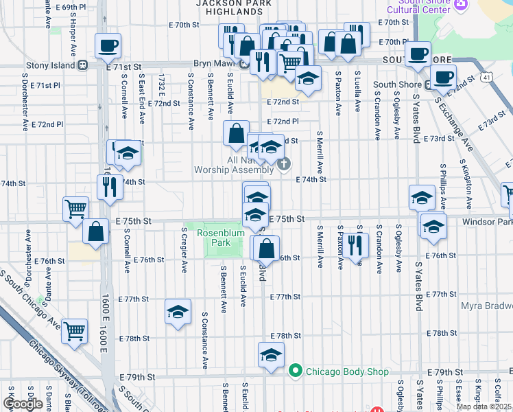 map of restaurants, bars, coffee shops, grocery stores, and more near 7421 South Jeffery Boulevard in Chicago
