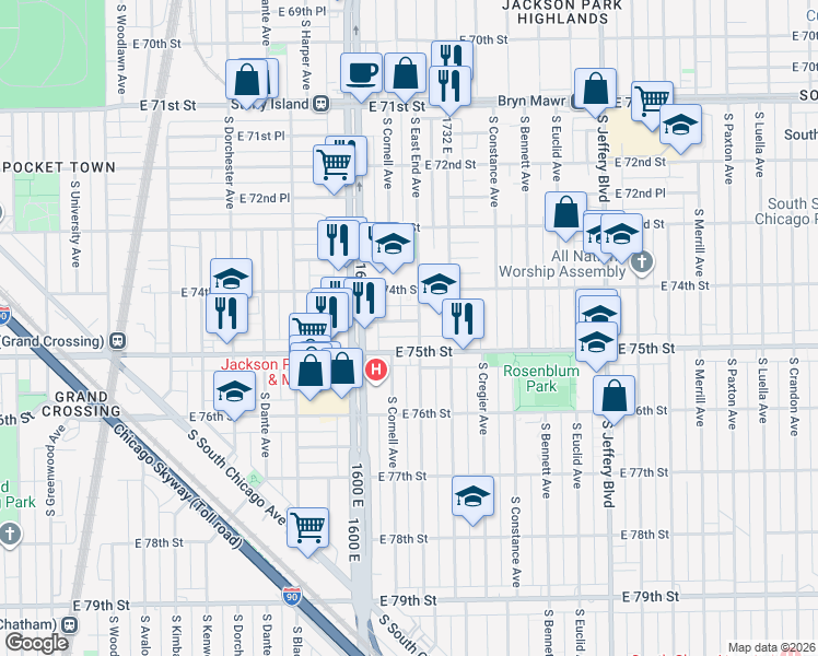 map of restaurants, bars, coffee shops, grocery stores, and more near 7415 South East End Avenue in Chicago
