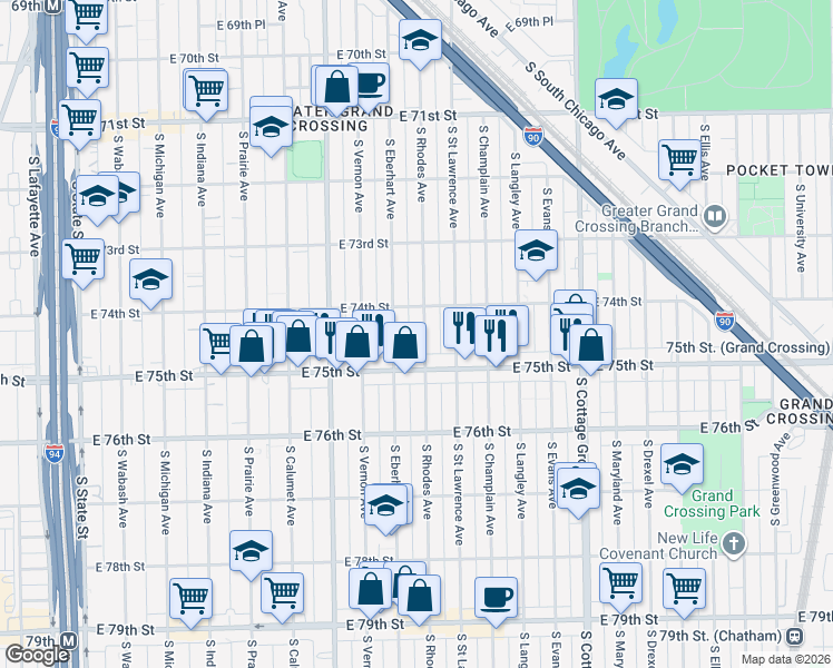 map of restaurants, bars, coffee shops, grocery stores, and more near 7406 South Rhodes Avenue in Chicago