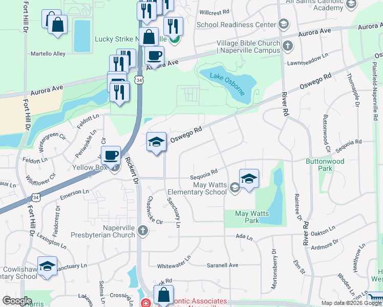 map of restaurants, bars, coffee shops, grocery stores, and more near 1421 Ambleside Circle in Naperville
