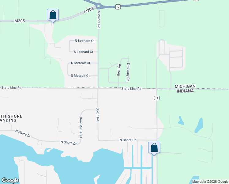 map of restaurants, bars, coffee shops, grocery stores, and more near 24970 State Line Road in Elkhart