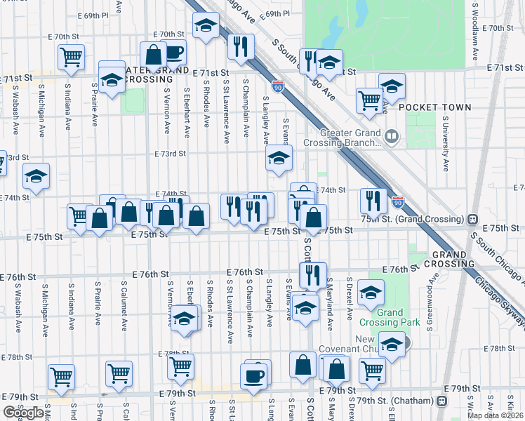map of restaurants, bars, coffee shops, grocery stores, and more near 7409 South Langley Avenue in Chicago