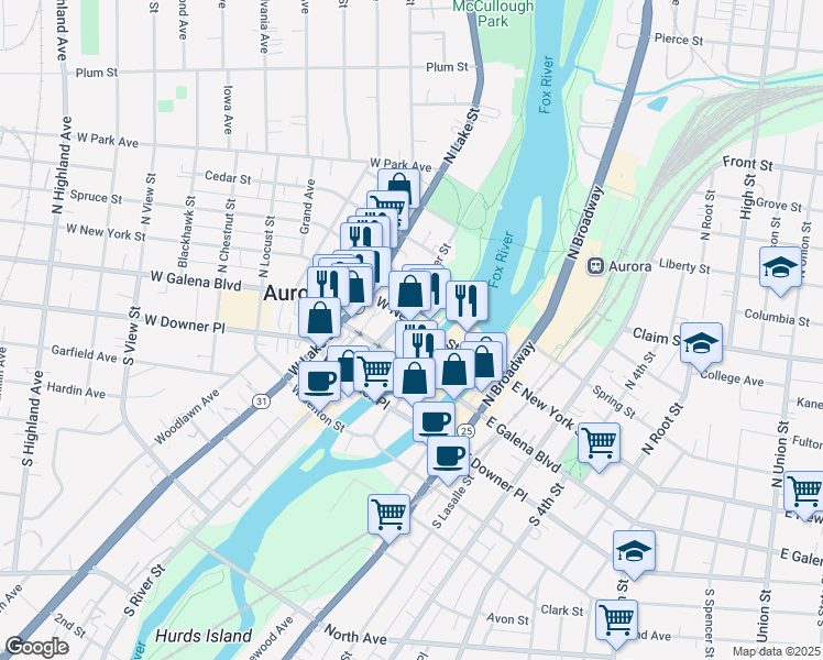 map of restaurants, bars, coffee shops, grocery stores, and more near 101 North River Street in Aurora
