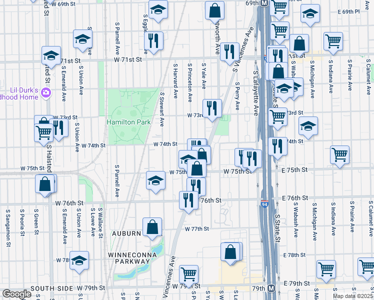 map of restaurants, bars, coffee shops, grocery stores, and more near 7359 South Harvard Avenue in Chicago