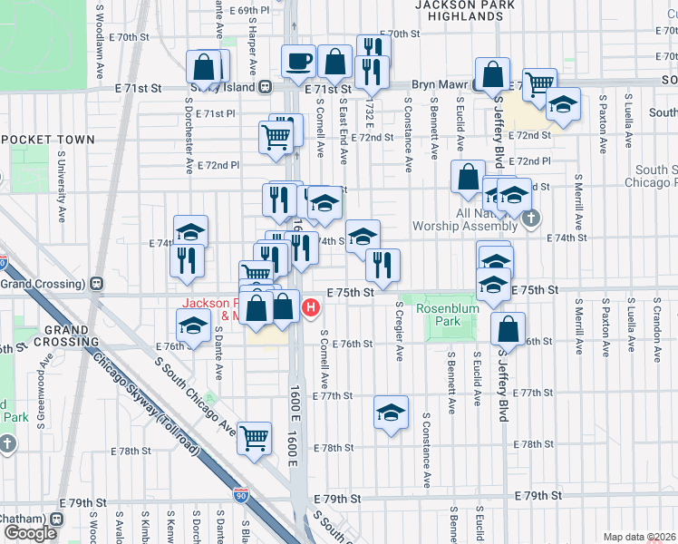 map of restaurants, bars, coffee shops, grocery stores, and more near 7415 South East End Avenue in Chicago