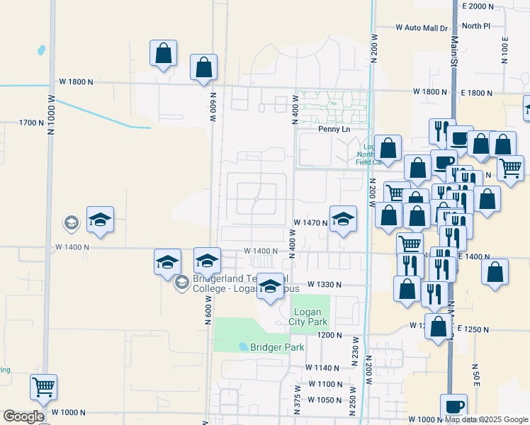 map of restaurants, bars, coffee shops, grocery stores, and more near 471 West 1490 North in Logan