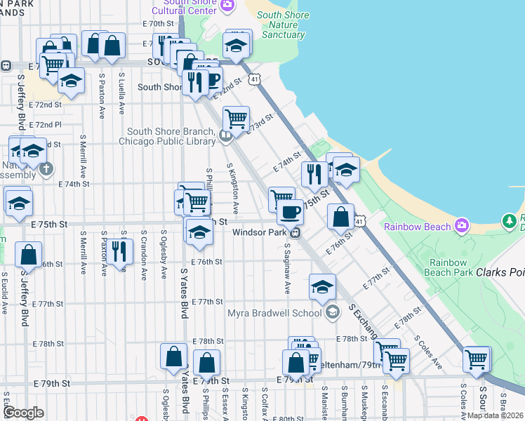 map of restaurants, bars, coffee shops, grocery stores, and more near 7451 South Colfax Avenue in Chicago