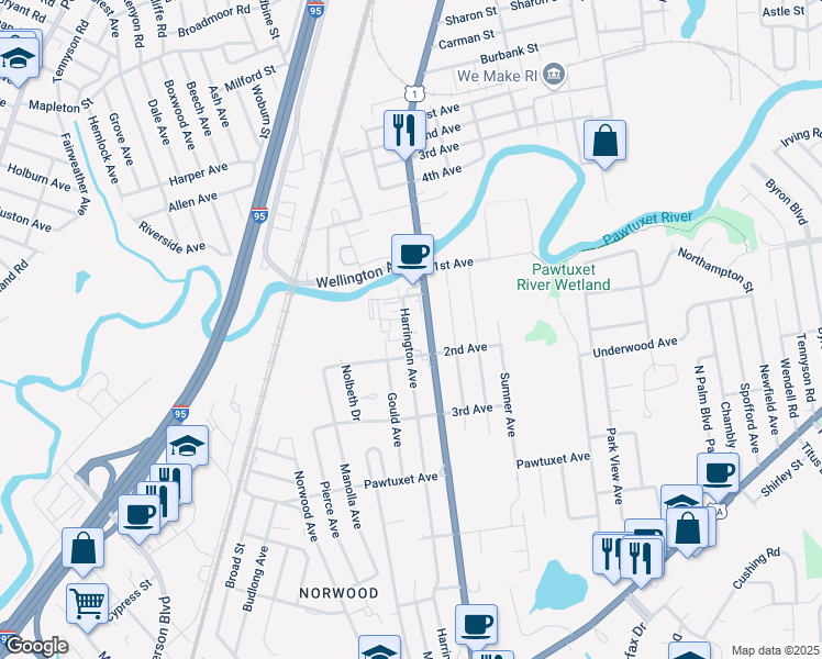 map of restaurants, bars, coffee shops, grocery stores, and more near 38 Harrington Avenue in Warwick