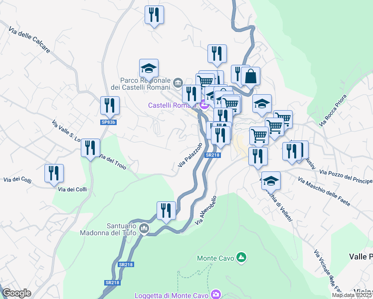 map of restaurants, bars, coffee shops, grocery stores, and more near 61 Via Borgo Valle Vergine in Rocca di Papa