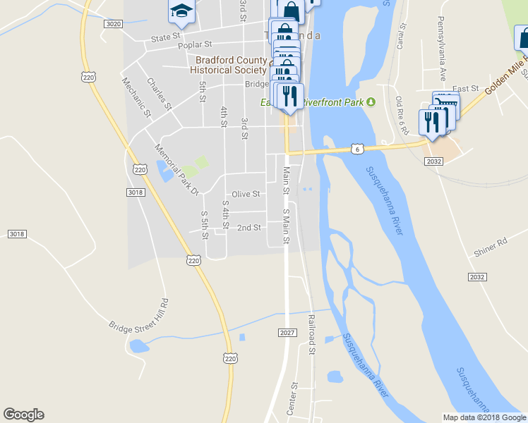 map of restaurants, bars, coffee shops, grocery stores, and more near 15 Elliott Street in Towanda