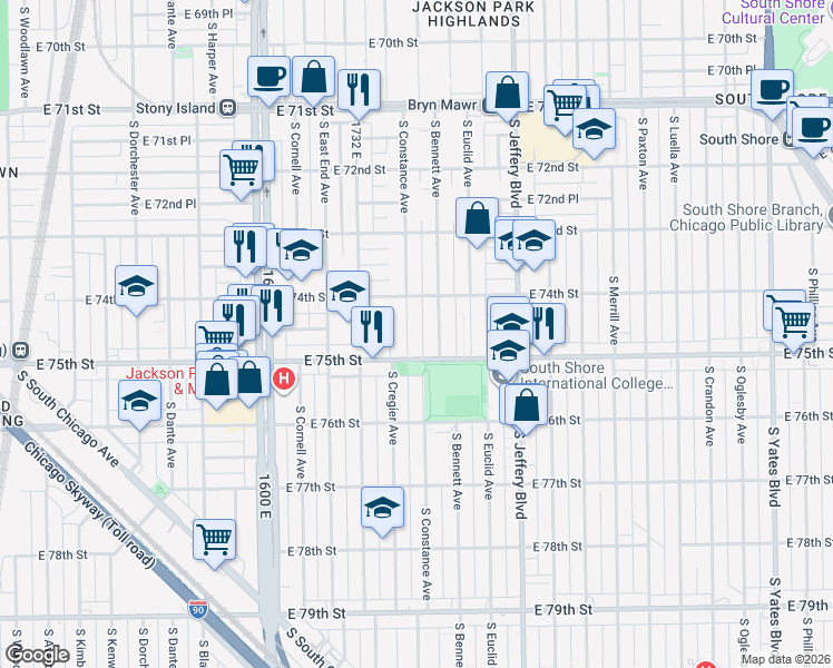 map of restaurants, bars, coffee shops, grocery stores, and more near 7426 South Constance Avenue in Chicago