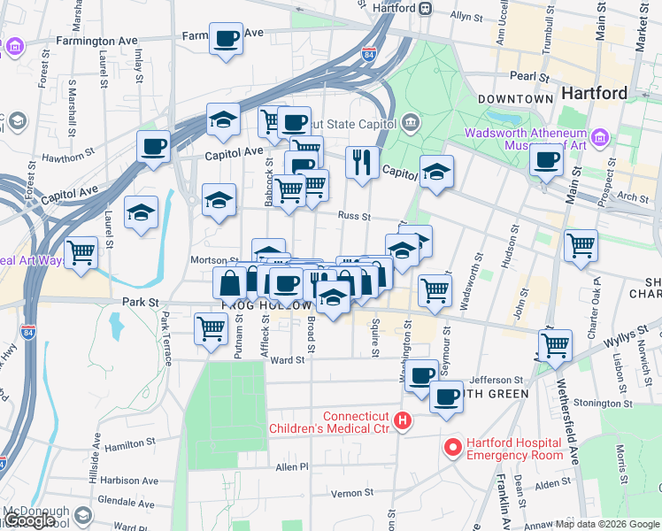 map of restaurants, bars, coffee shops, grocery stores, and more near 124 Hungerford Street in Hartford