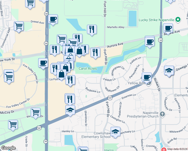 map of restaurants, bars, coffee shops, grocery stores, and more near 2581 Arcadia Circle in Naperville