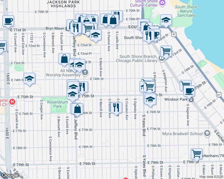 map of restaurants, bars, coffee shops, grocery stores, and more near 7437 South Paxton Avenue in Chicago