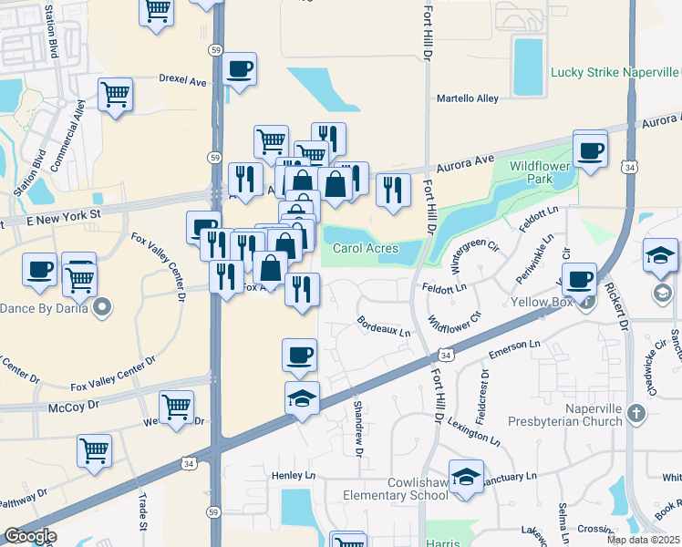 map of restaurants, bars, coffee shops, grocery stores, and more near 2617 Carrolwood Road in Naperville