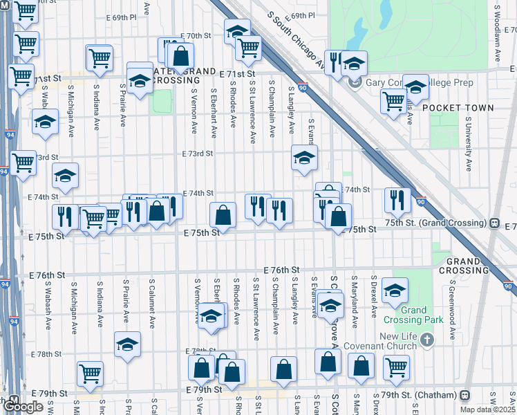 map of restaurants, bars, coffee shops, grocery stores, and more near 7423 South Saint Lawrence Avenue in Chicago