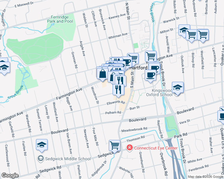map of restaurants, bars, coffee shops, grocery stores, and more near 95 South Main Street in West Hartford
