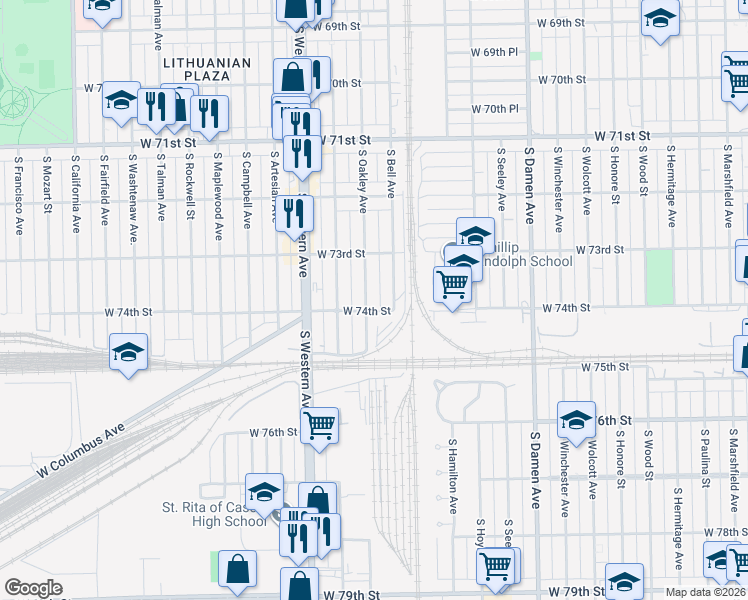 map of restaurants, bars, coffee shops, grocery stores, and more near 7336 South Bell Avenue in Chicago