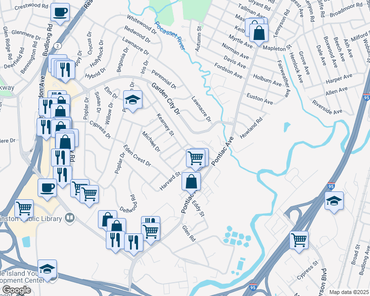 map of restaurants, bars, coffee shops, grocery stores, and more near 97 Capuano Avenue in Cranston