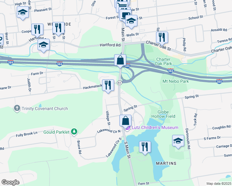 map of restaurants, bars, coffee shops, grocery stores, and more near 14 1/2 Hackmatack Street in Manchester