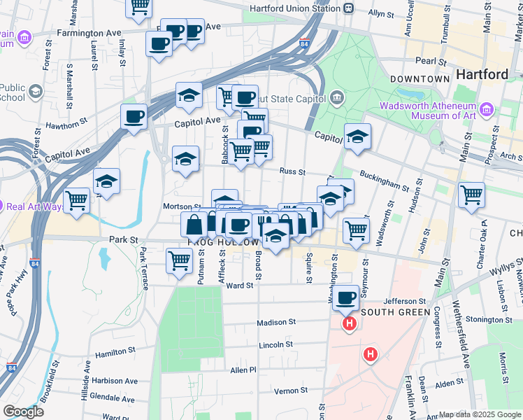 map of restaurants, bars, coffee shops, grocery stores, and more near 688 Broad Street in Hartford