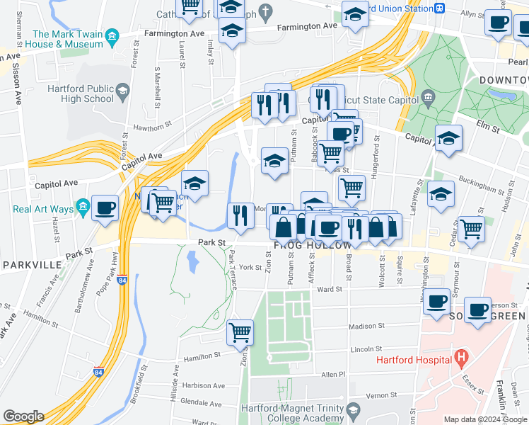 map of restaurants, bars, coffee shops, grocery stores, and more near 16 Mortson Street in Hartford