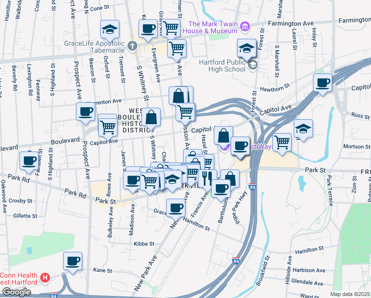 map of restaurants, bars, coffee shops, grocery stores, and more near 81 Sisson Avenue in Hartford