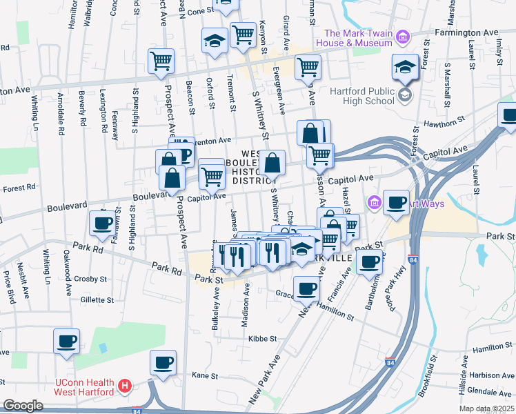 map of restaurants, bars, coffee shops, grocery stores, and more near in Hartford