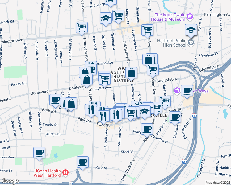 map of restaurants, bars, coffee shops, grocery stores, and more near 1065 Capitol Avenue in Hartford
